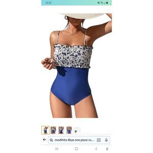 New Large Modihito Blue Bandeau Ruffled 1pc Smocked Swimsuit Bathing Suit NWT